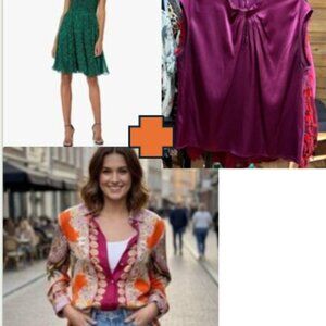 Halston Heritage Emerald One-Shoulder Dress + Zara Blouse + Calvin Klein Blouse
